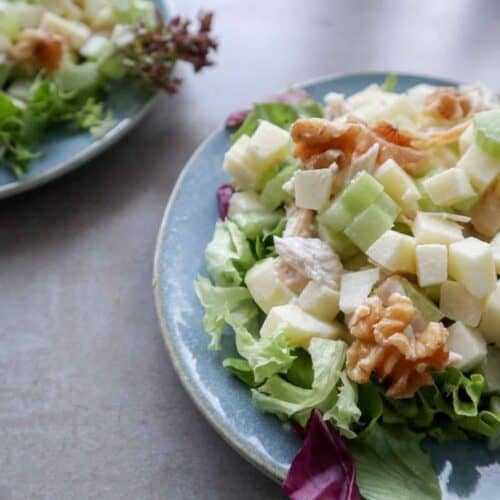 Twee borden met een Waldorf salade.