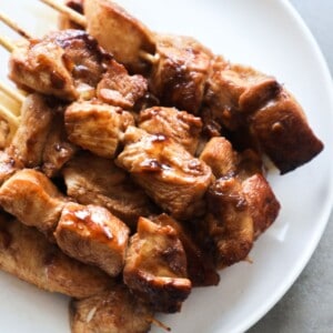 Sate ajam van dichtbij op een wit bord