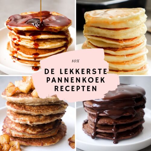 Verschillende stapels pancakes op witte borden